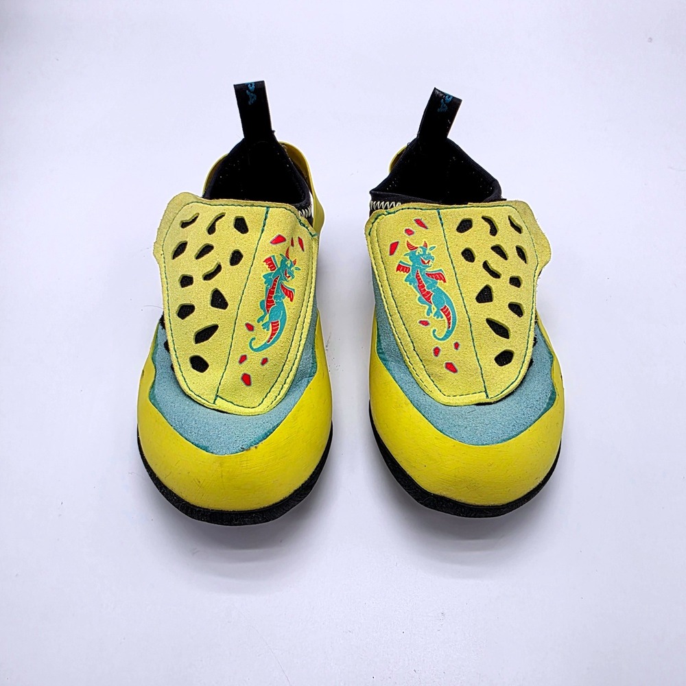 Scarpa Piki J Kids Climbing Shoes Yellow Blue Dragon Graphic Size EU 27-28 US 10